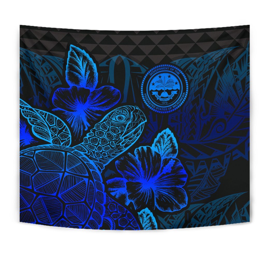 Federated States Of Micronesia Tapestry - Turtle Hibiscus Pattern Blue - Polynesian Pride