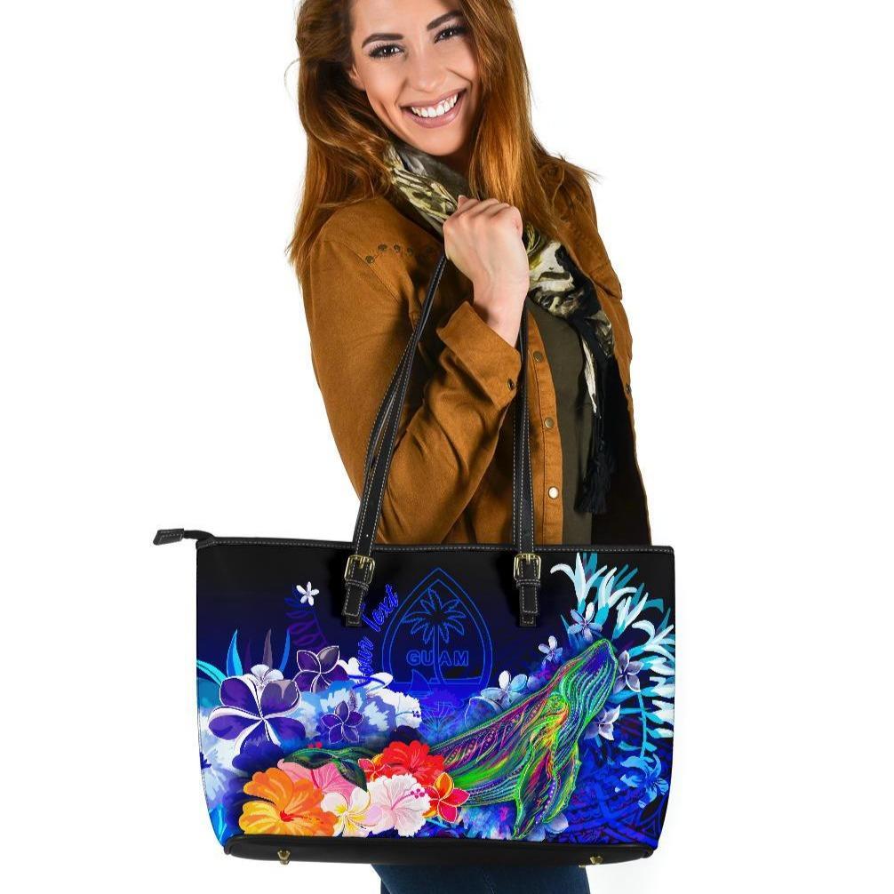 Guam Custom Personalised Laarge Leather Totes Bags - Humpback Whale with Tropical Flowers (Blue) Blue - Polynesian Pride
