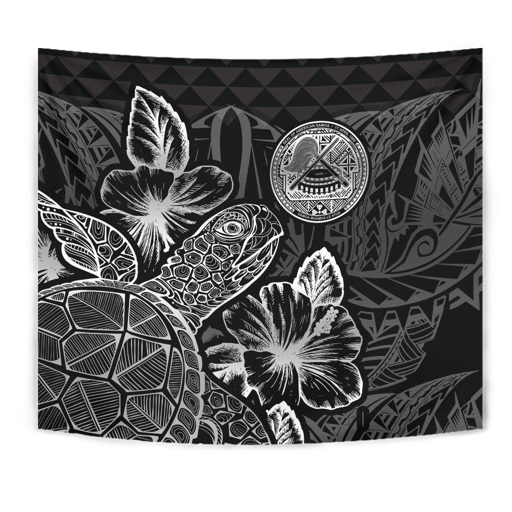 American Samoa Tapestry - Turtle Hibiscus Pattern Black - Polynesian Pride