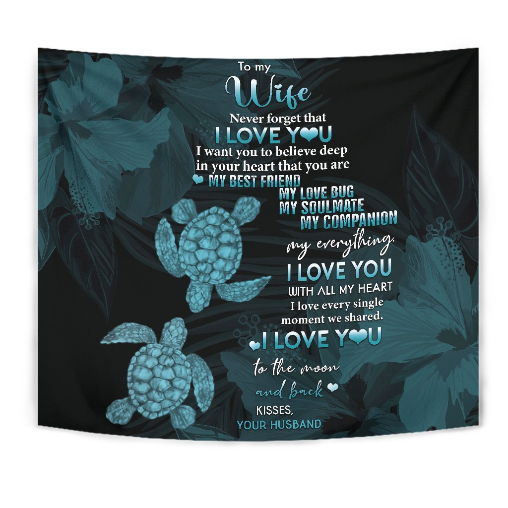 Hawaii Turtle Tapestry Hibiscus To My Wife Blue AH - Polynesian Pride