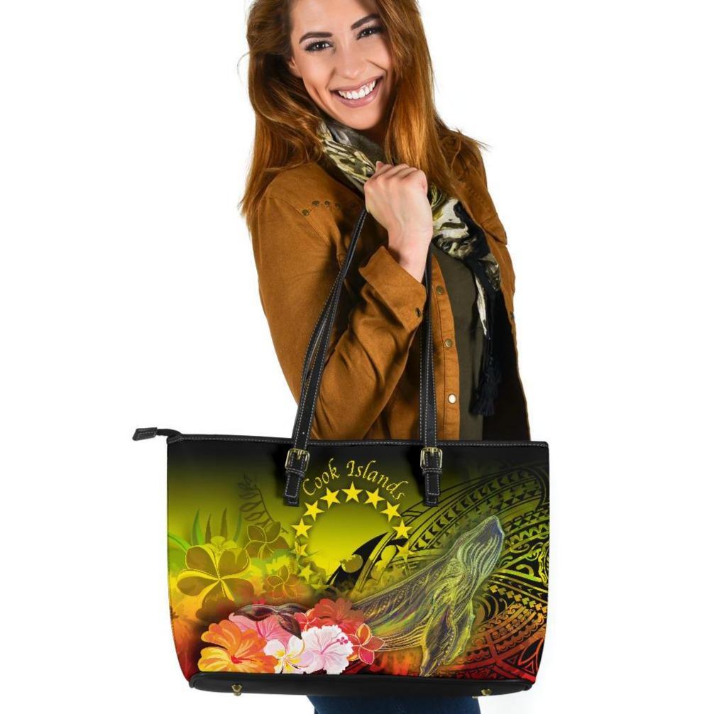 Cook Islands Large Leather Tote Bag - Humpback Whale with Tropical Flowers (Yellow) Yellow - Polynesian Pride