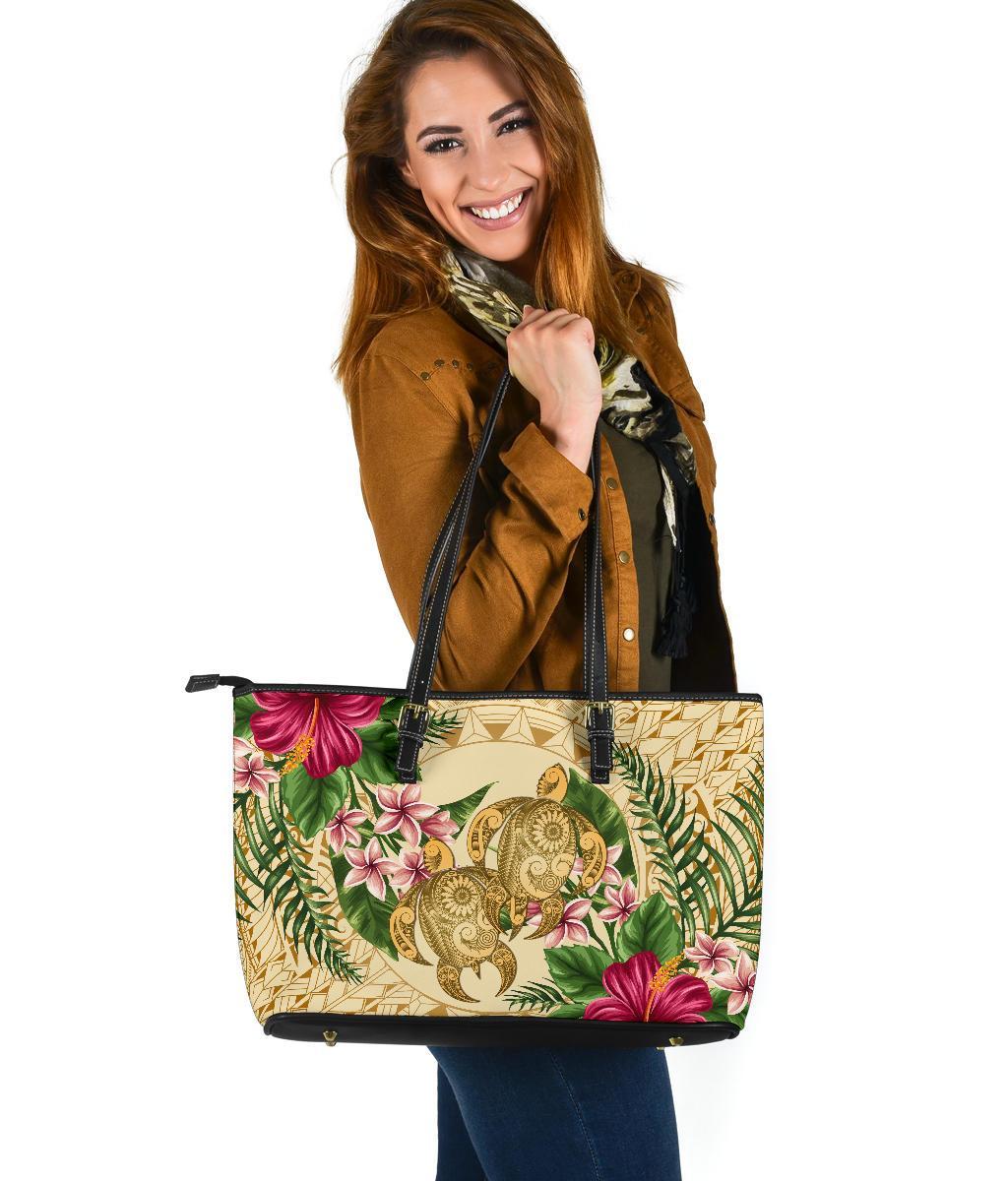 Hawaii Leather Tote - Turtle Large Leather Tote Strong Pattern Hibiscus Plumeria AH Gold - Polynesian Pride