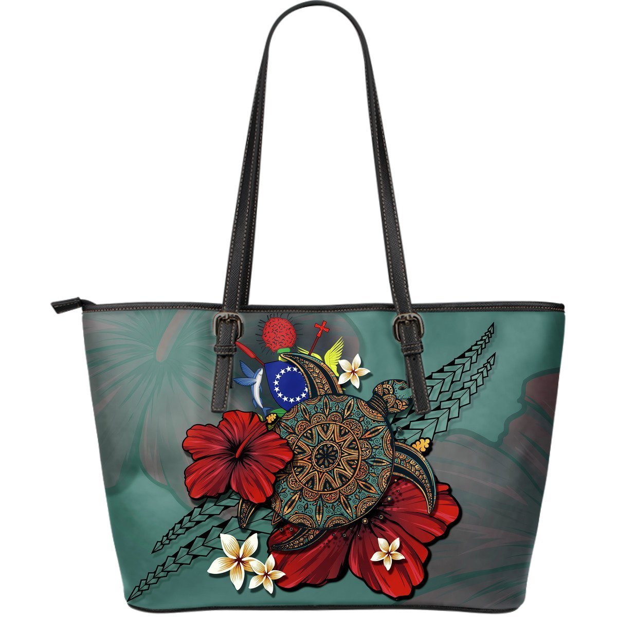 Cook Islands Large Leather Tote - Blue Turtle Tribal Art - Polynesian Pride