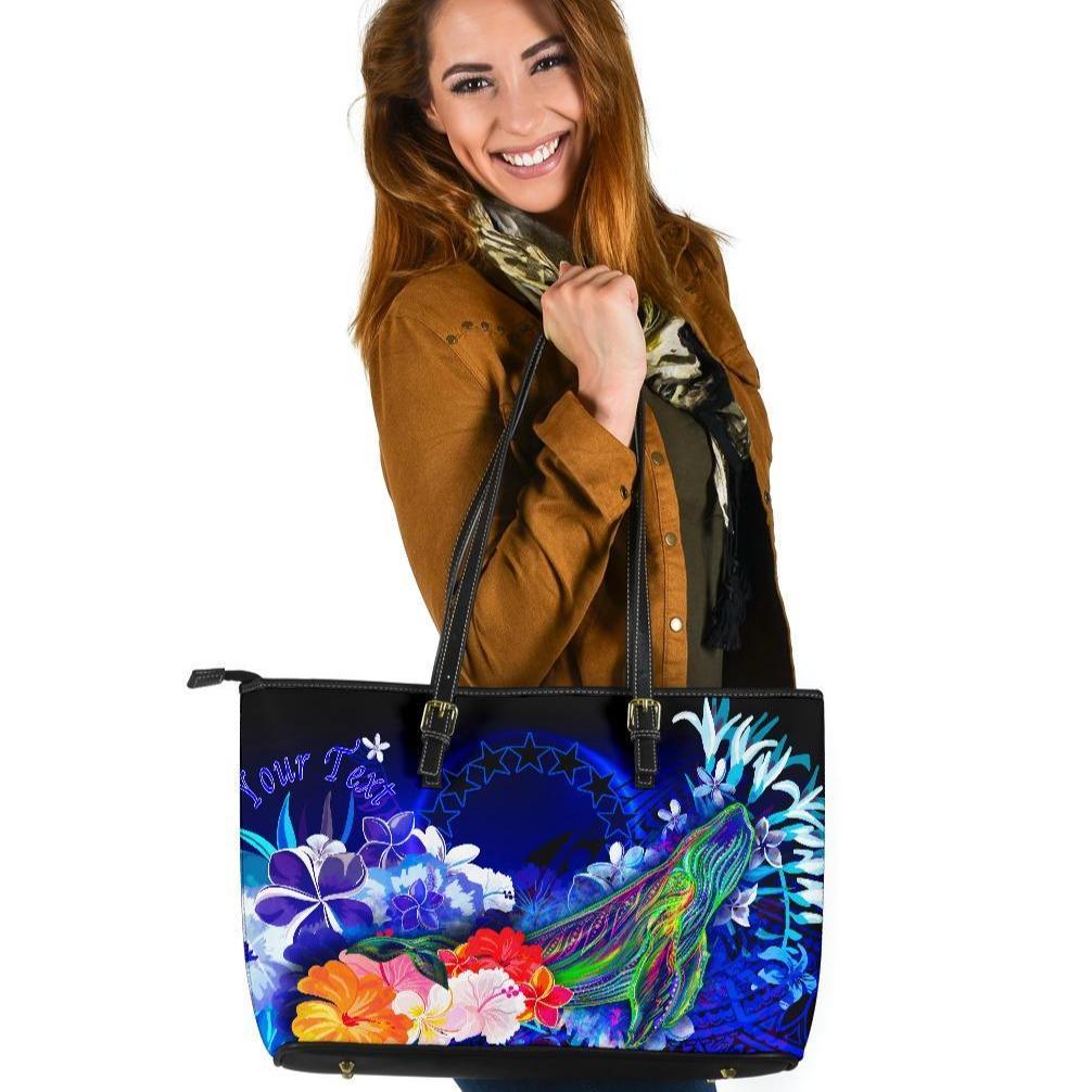 Cook Islands Custom Personalised Leather Tote Bag - Humpback Whale with Tropical Flowers (Blue) Blue - Polynesian Pride