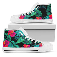 Hawaii Black Hibiscus Palm High Top Shoe Womens High Top White - Polynesian Pride