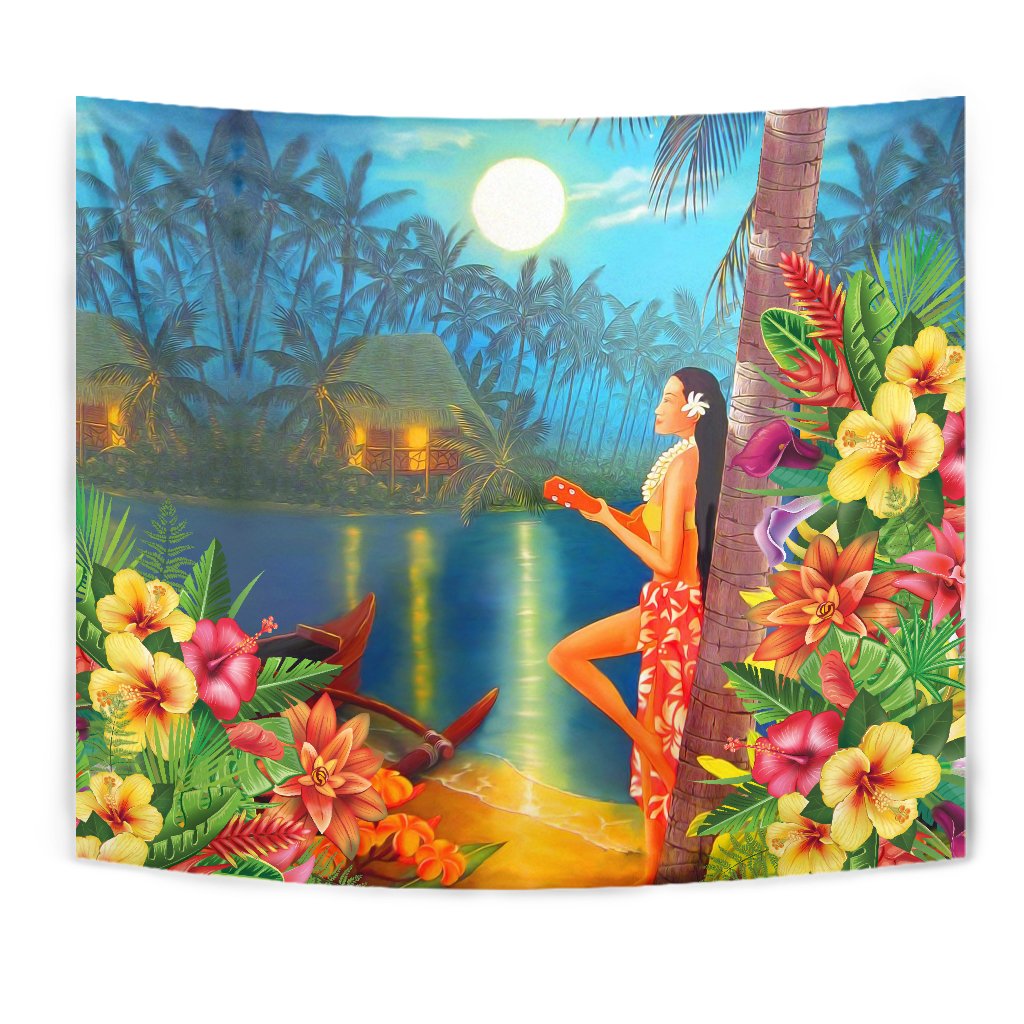 Hula Girl Sing In Village Tapestry Wall Tapestry Blue - Polynesian Pride