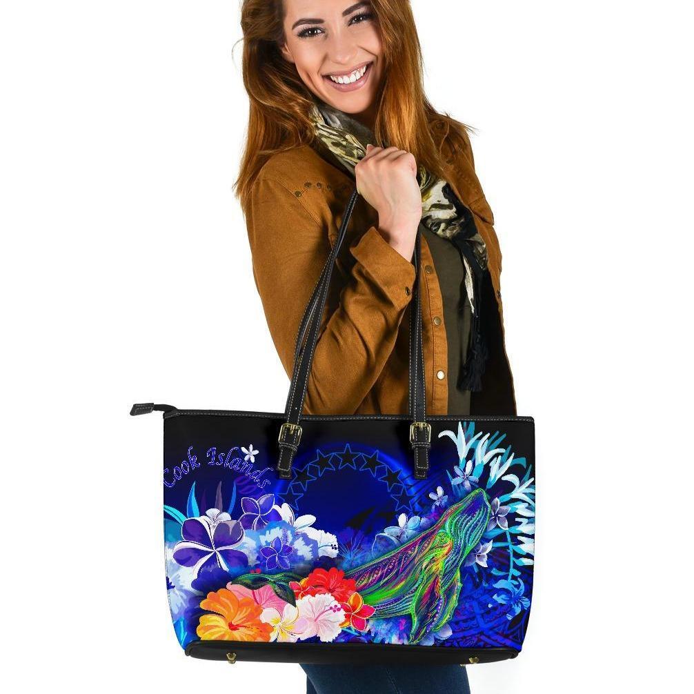 Cook Islands Leather Tote Bag - Humpback Whale with Tropical Flowers (Blue) Blue - Polynesian Pride