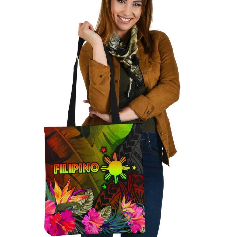 The Philippines Polynesian Tote Bags - Hibiscus and Banana Leaves Tote Bag One Size Reggae - Polynesian Pride