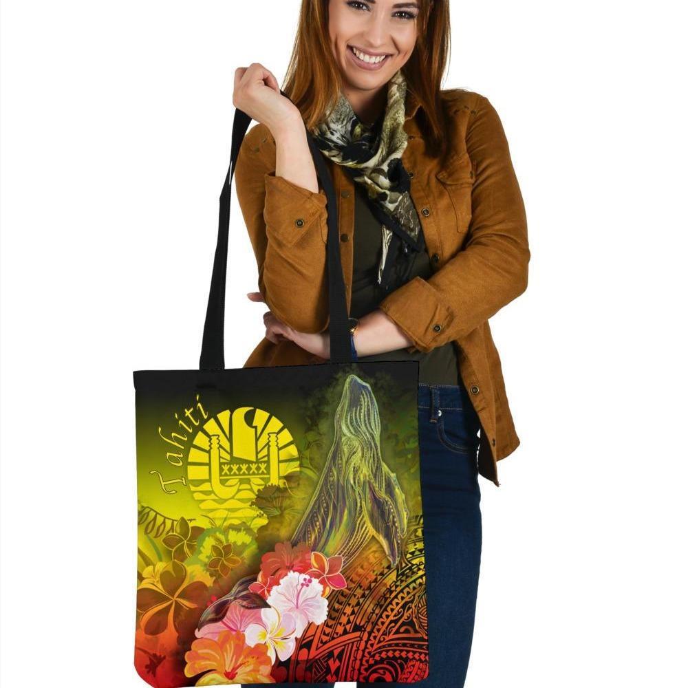 Tahiti Tote Bags - Humpback Whale with Tropical Flowers (Yellow) Tote Bag One Size Yellow - Polynesian Pride