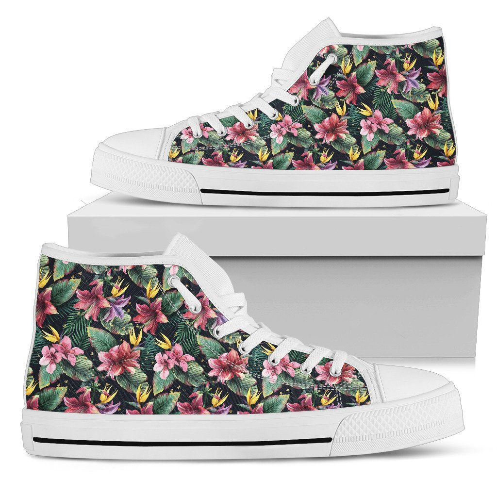 Hawaiian Shoes - Tropical Flowers, Palm And Leaves High Top Shoes Womens High Top White - Polynesian Pride