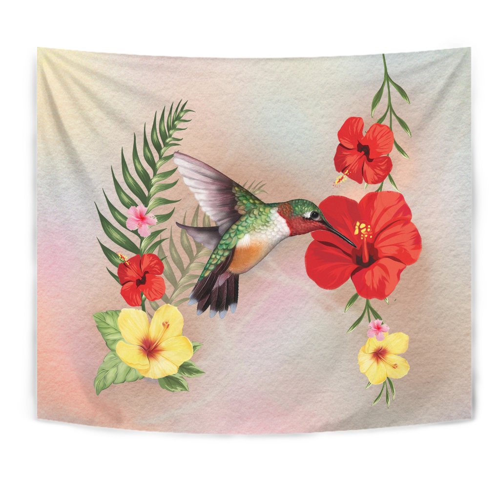 Hibiscus Bird Tapestry Wall Tapestry White - Polynesian Pride