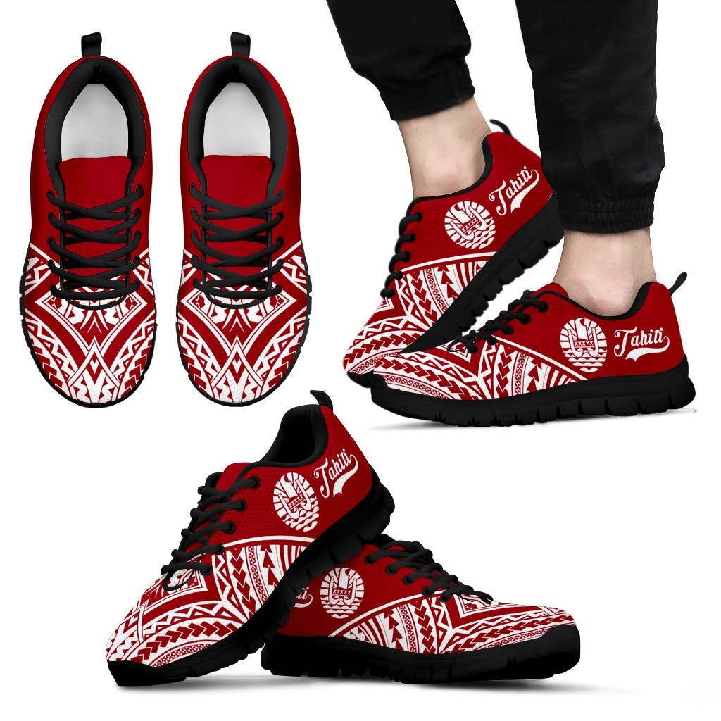 Tahiti Rising Sneakers - Tahiti Flag Polynesian Tattoo (Red) - A16 Unisex Black - Polynesian Pride