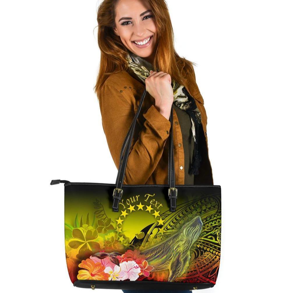 Cook Islands Custom Personalised Large Leather Totes - Humpback Whale with Tropical Flowers (Yellow) Yellow - Polynesian Pride