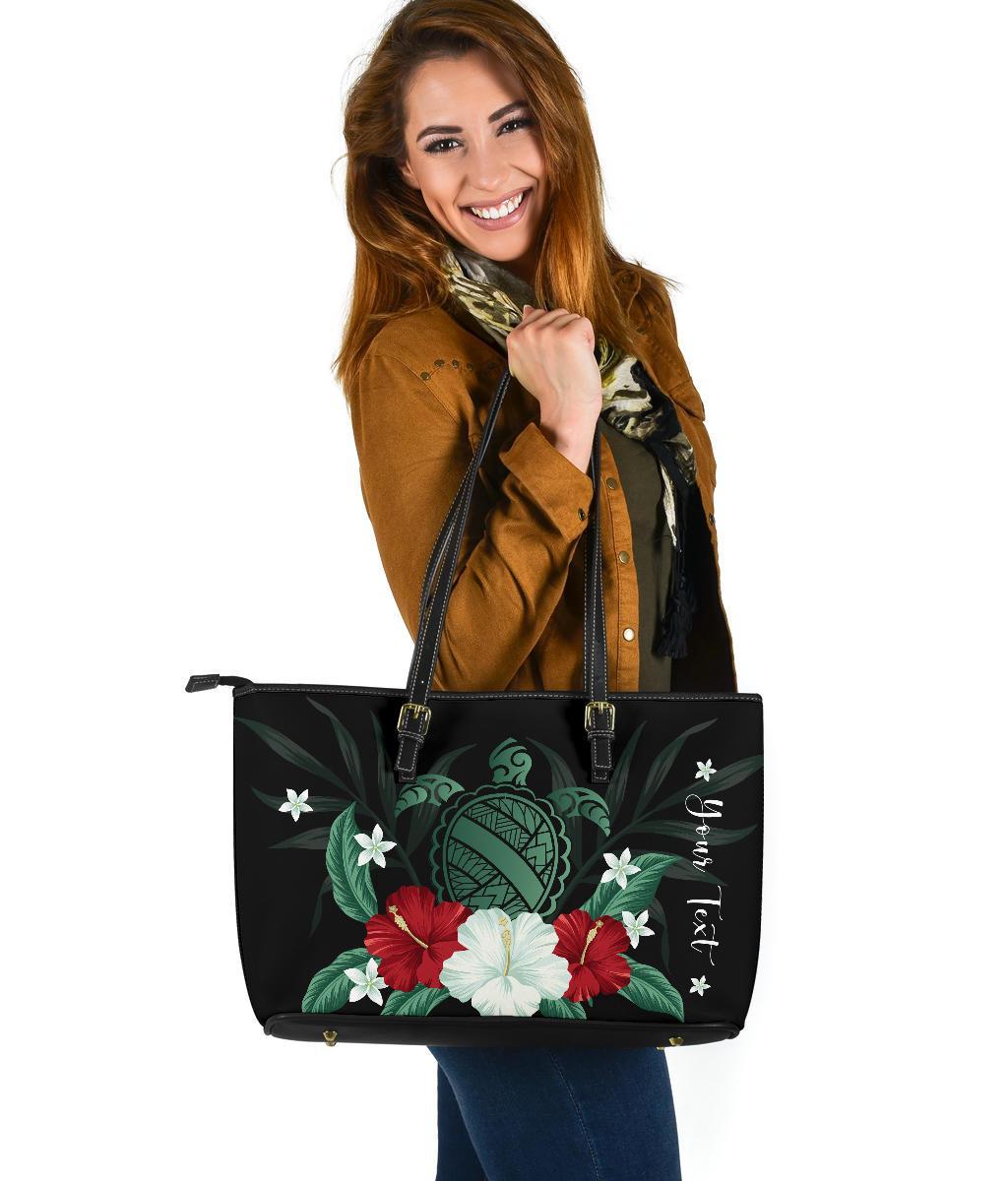 Personalized - Hawaii Turtle Hibiscus Plumeria Large Leather Tote Bag - Polynesian Pride