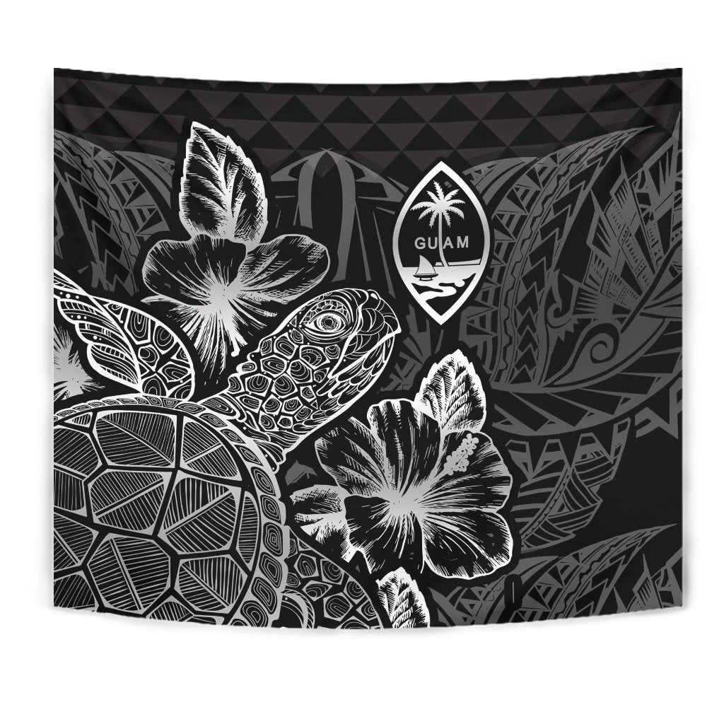 Guam Tapestry - Turtle Hibiscus Pattern Black - Polynesian Pride