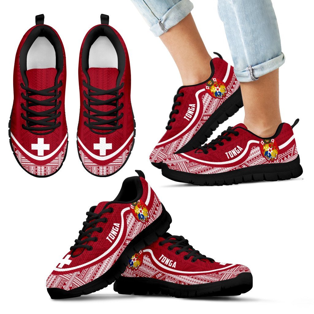 Tonga Wave Sneakers - Polynesian Pattern White Red Color Kid's Sneakers - Black - Tonga Black - Polynesian Pride
