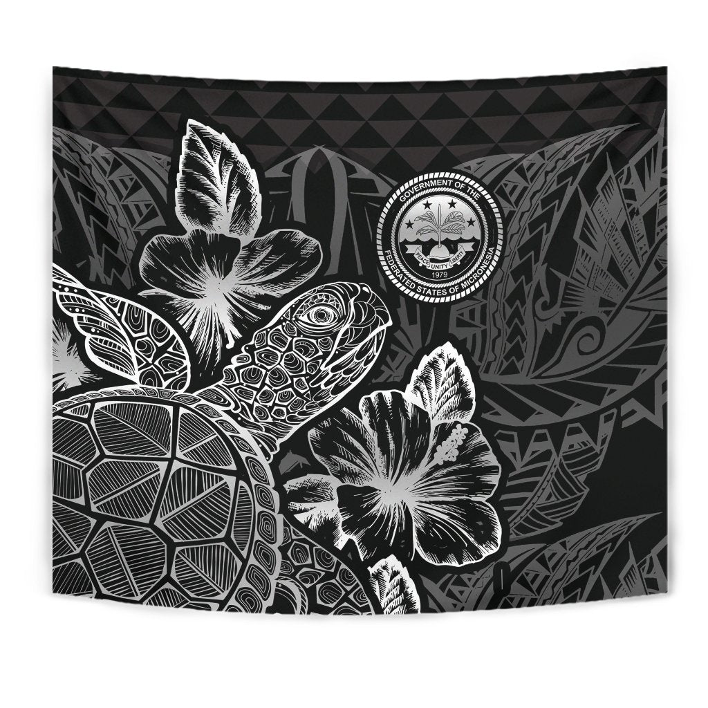 Federated States Of Micronesia Tapestry - Turtle Hibiscus Pattern Black - Polynesian Pride