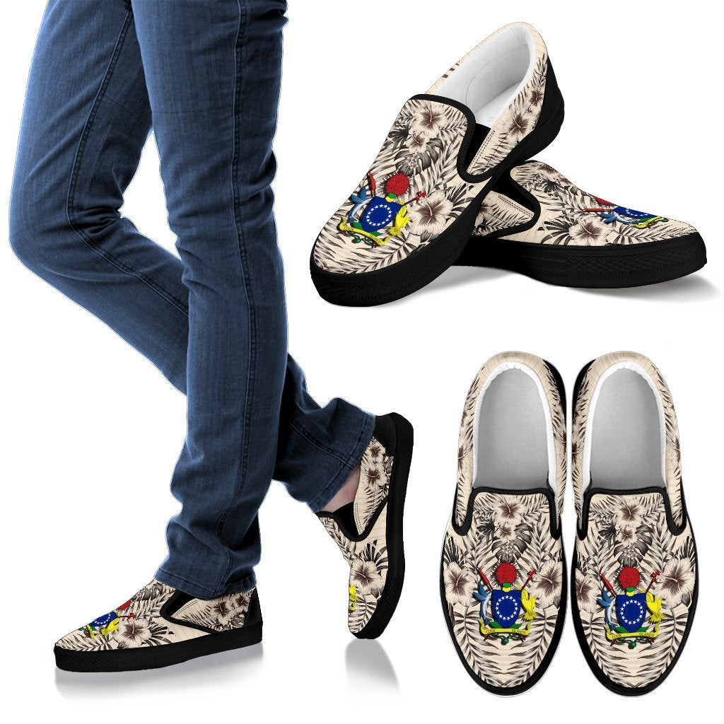 Cook Islands Slip Ons - The Beige Hibiscus Women's Slip Ons - Black - 3 - Polynesian Pride