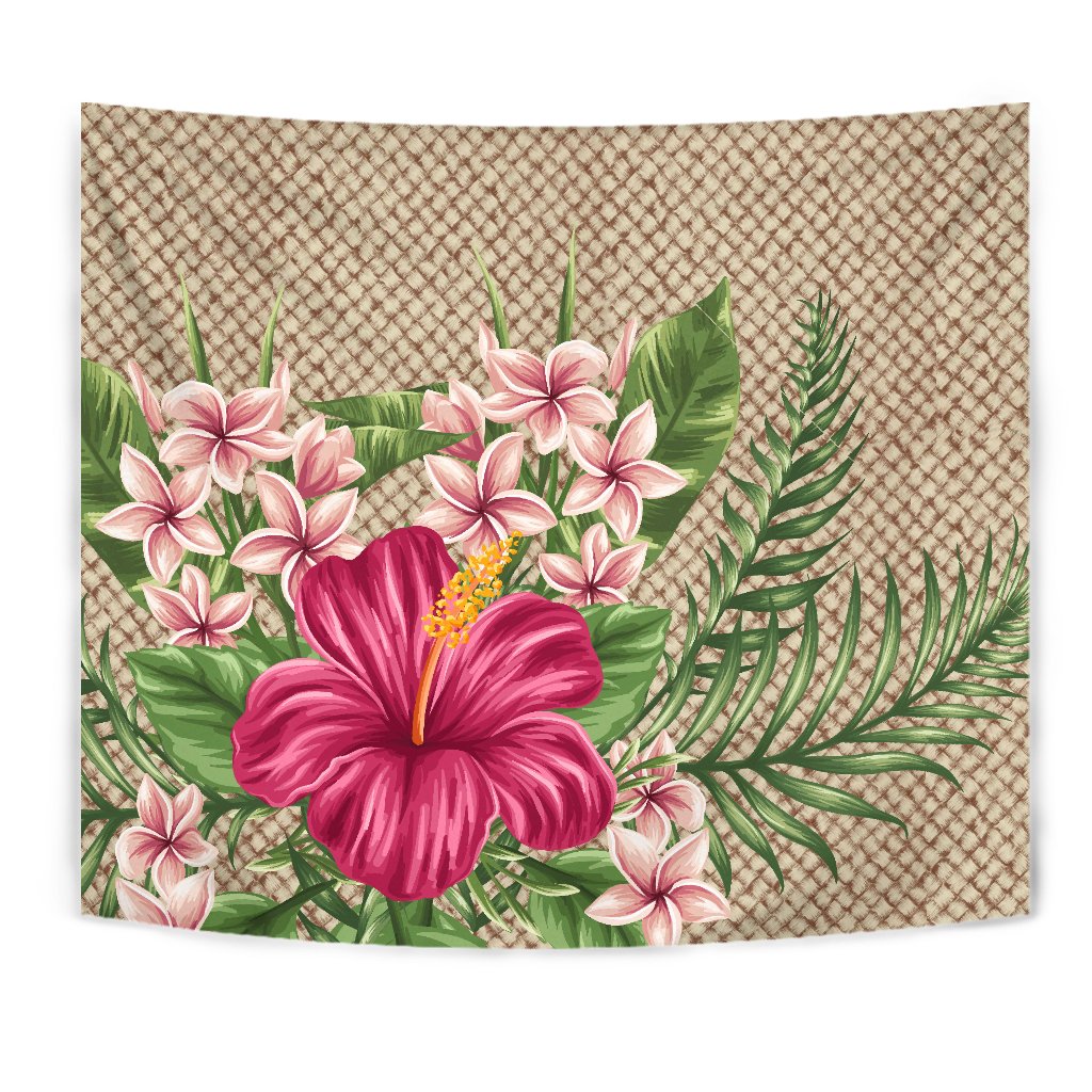 Lauhala Hibiscus Tapestry Wall Tapestry White - Polynesian Pride
