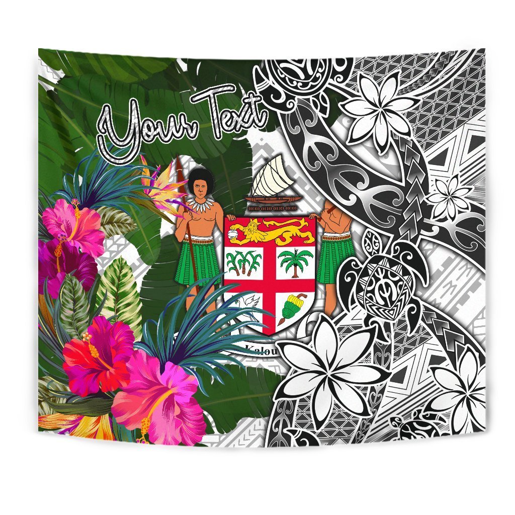 Fiji Custom Personalised Tapestry White - Turtle Plumeria Banana Leaf Crest Wall Tapestry White - Polynesian Pride