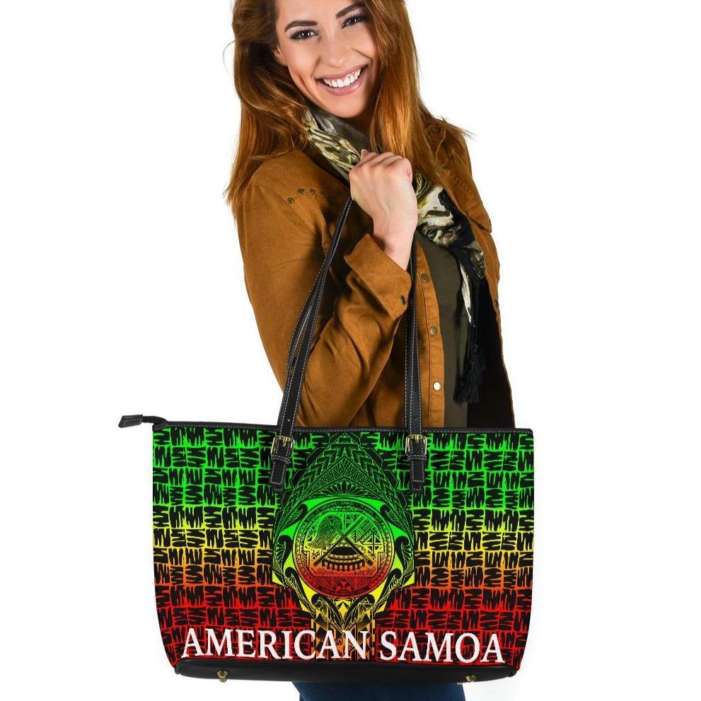 American Samoa Large Leather Tote Bag - AS Seal Rocket Style (Reggae) Black - Polynesian Pride