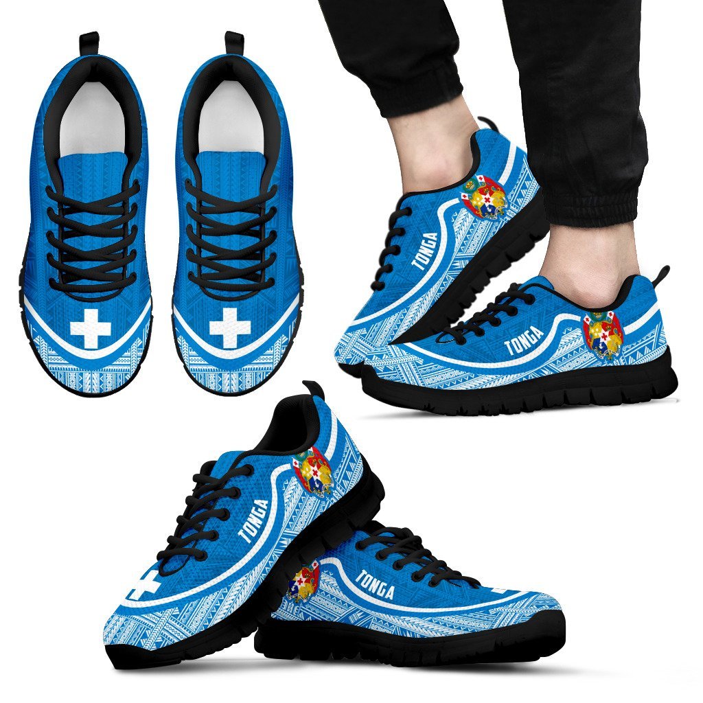 Tonga Wave Sneakers - Polynesian Pattern White Blue Color Men's Sneakers - Black - Tonga Black - Polynesian Pride