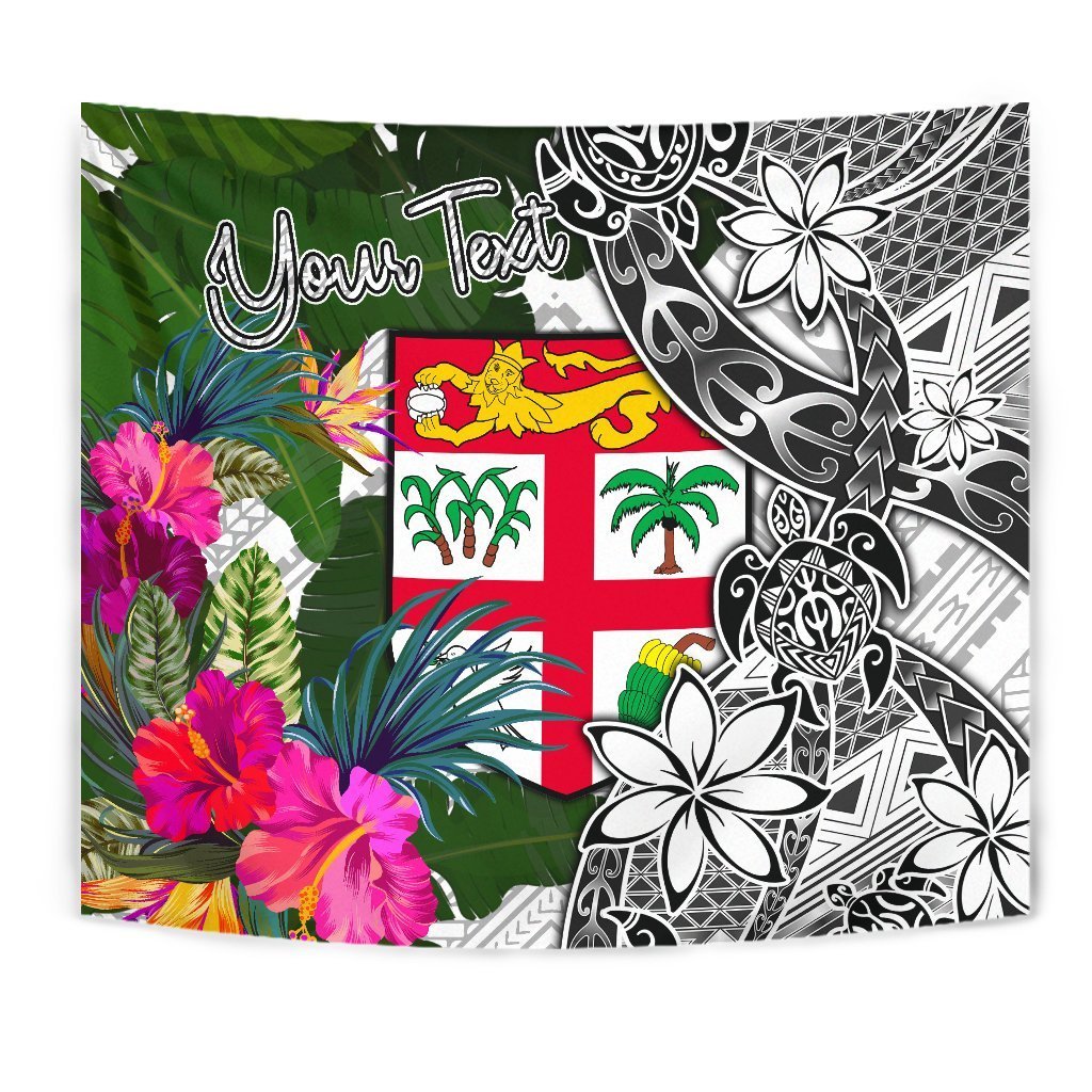 Fiji Custom Personalised Tapestry White - Turtle Plumeria Banana Leaf Wall Tapestry White - Polynesian Pride