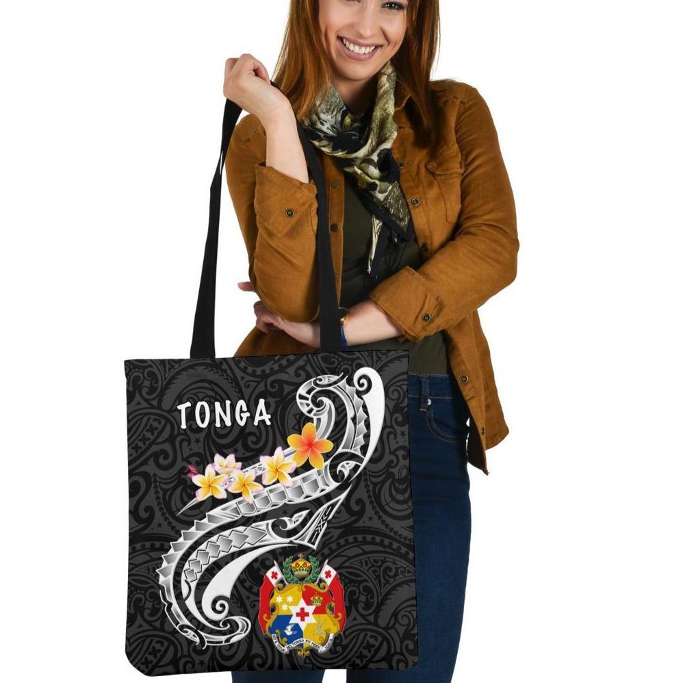Tonga Tote Bags - Tonga Seal Polynesian Patterns Plumeria (Black) Tote Bag One Size Black - Polynesian Pride