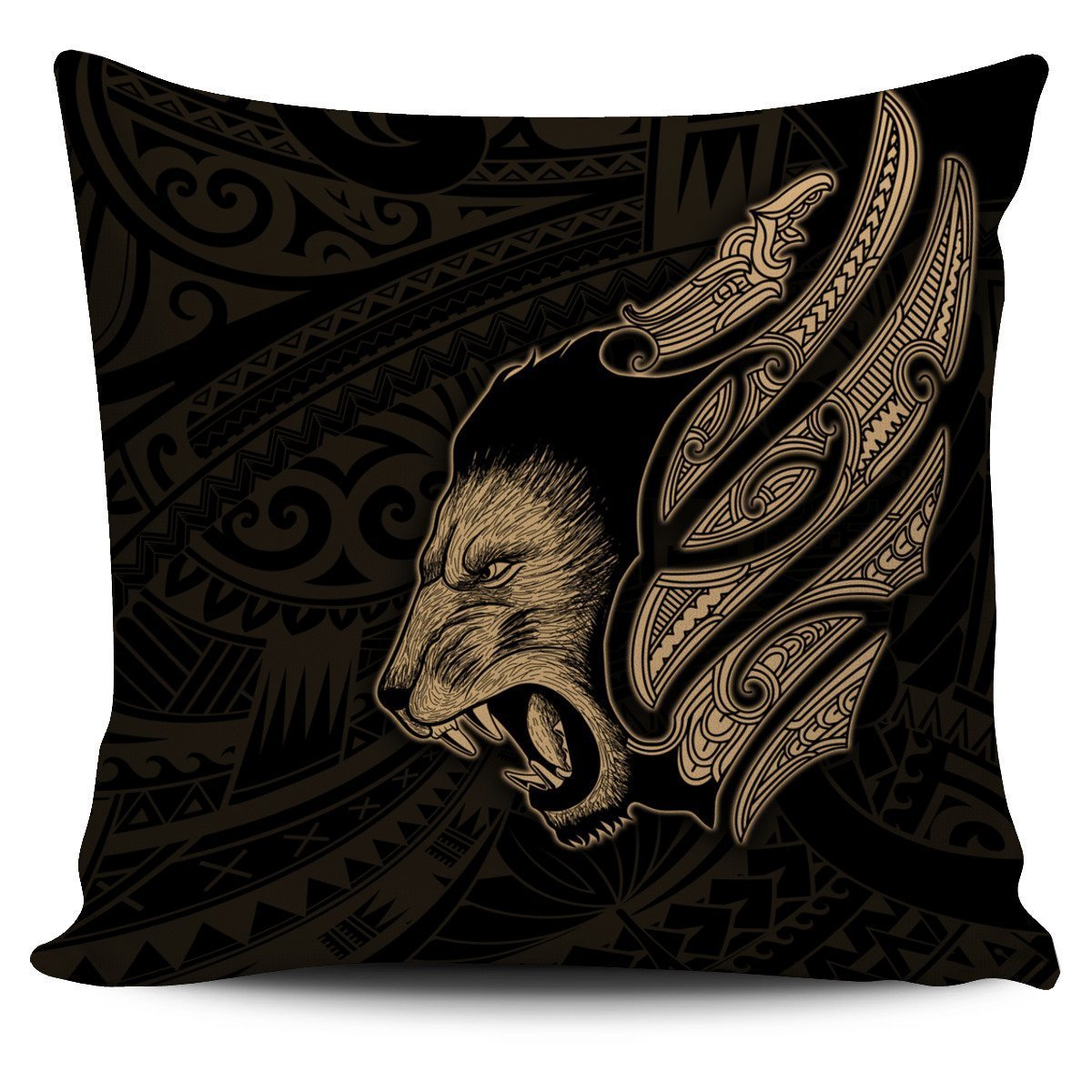 New Zealand Pillow Cover Maori Lion Tattoo - Gold - Polynesian Pride