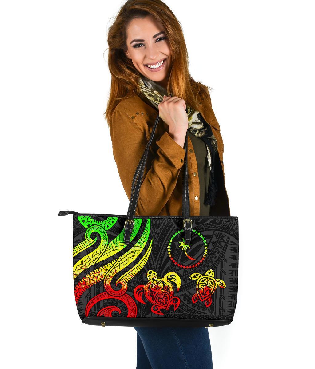 Chuuk Micronesian Large Leather Tote Bag - Reggae Tentacle Turtle Reggae - Polynesian Pride