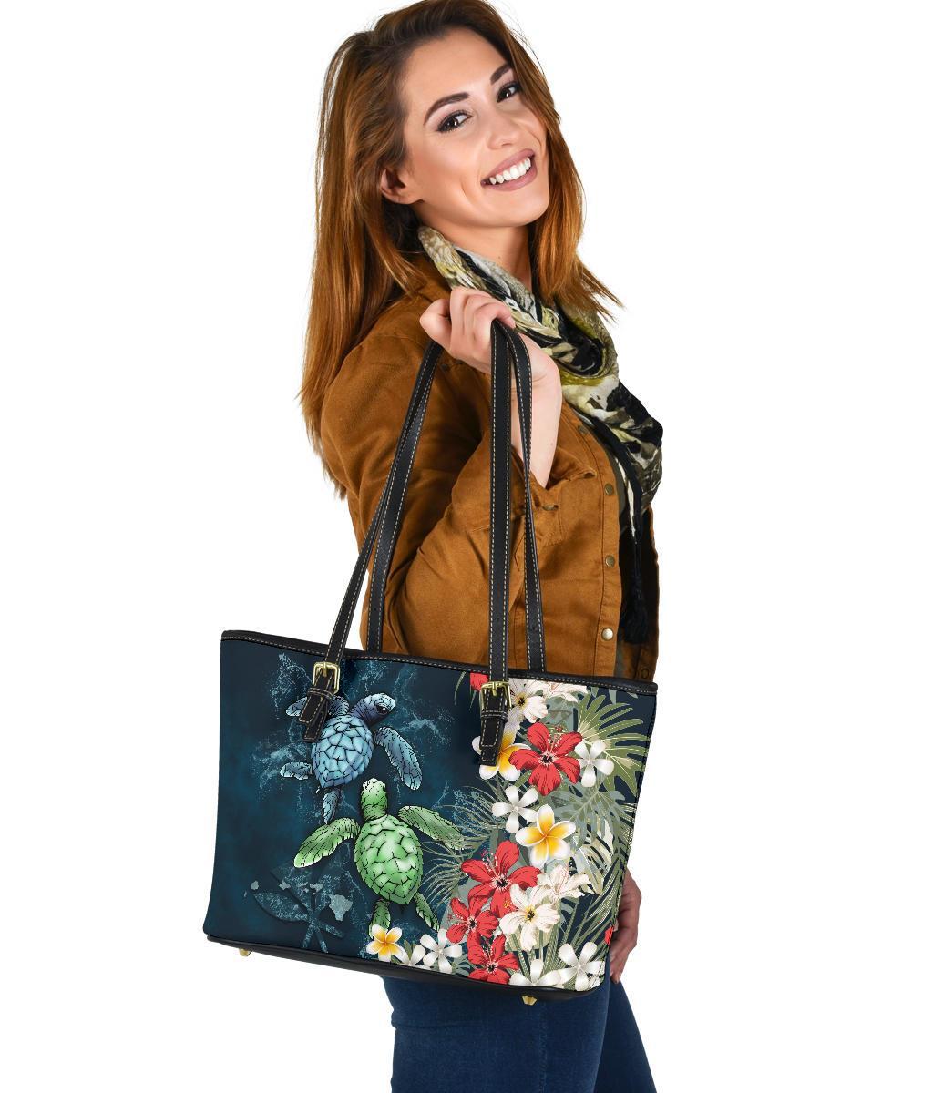 Kanaka Maoli (Hawaiian) Small Leather Tote - Sea Turtle Tropical Hibiscus And Plumeria Art - Polynesian Pride