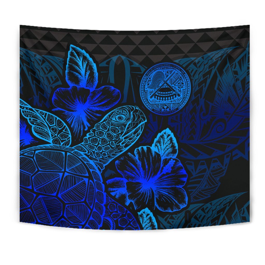 American Samoa Tapestry - Turtle Hibiscus Pattern Blue - Polynesian Pride
