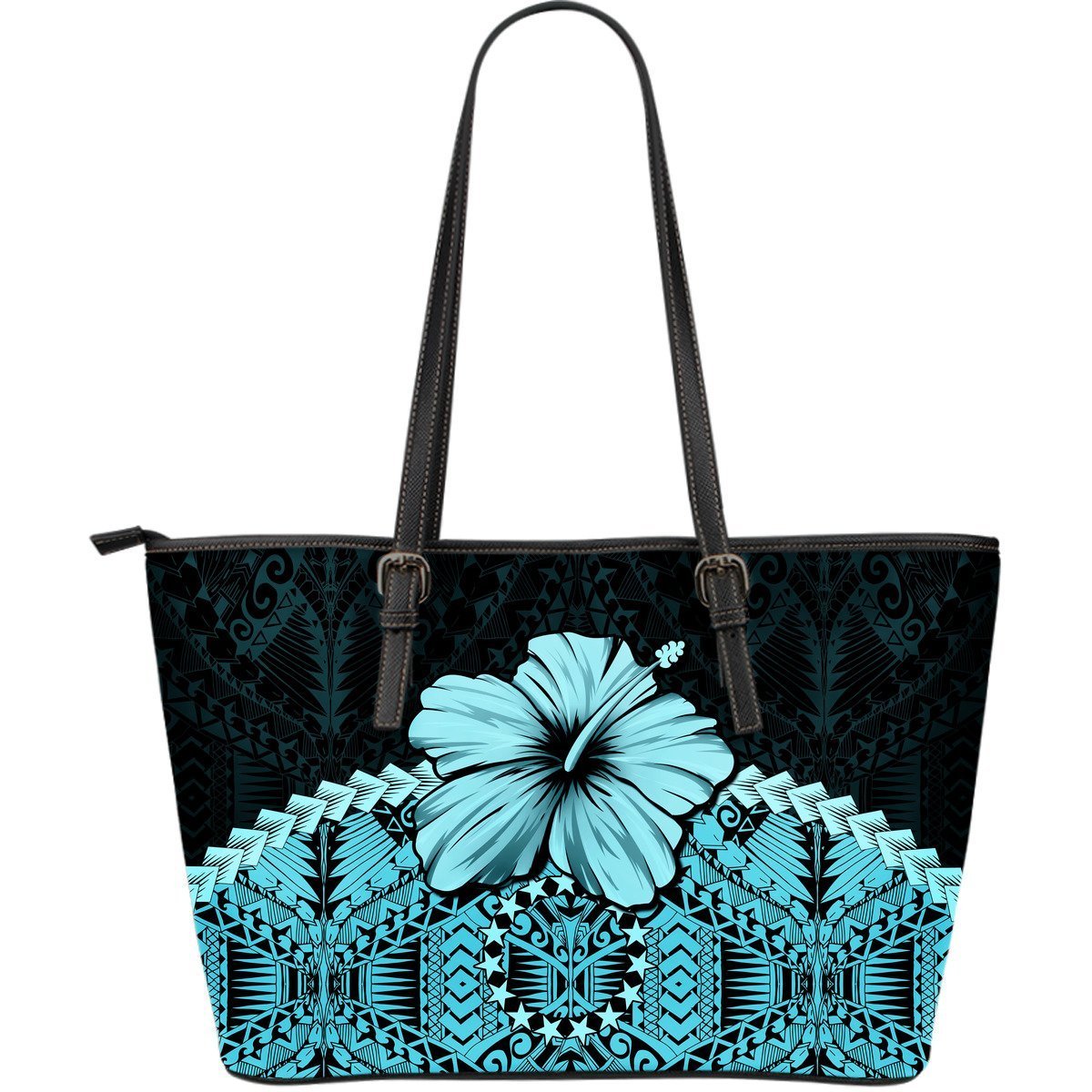 Cook Islands Leather Tote Bag - Hibiscus (Turquoise) Turquoise - Polynesian Pride