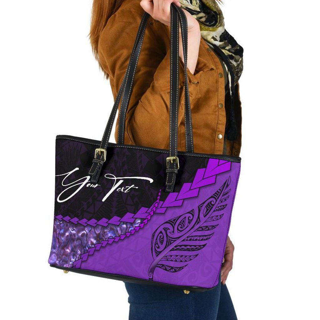 (Signature Custom) Paua Shell, Maori Silver Fern Leather Tote Bag, Purple Purple - Polynesian Pride