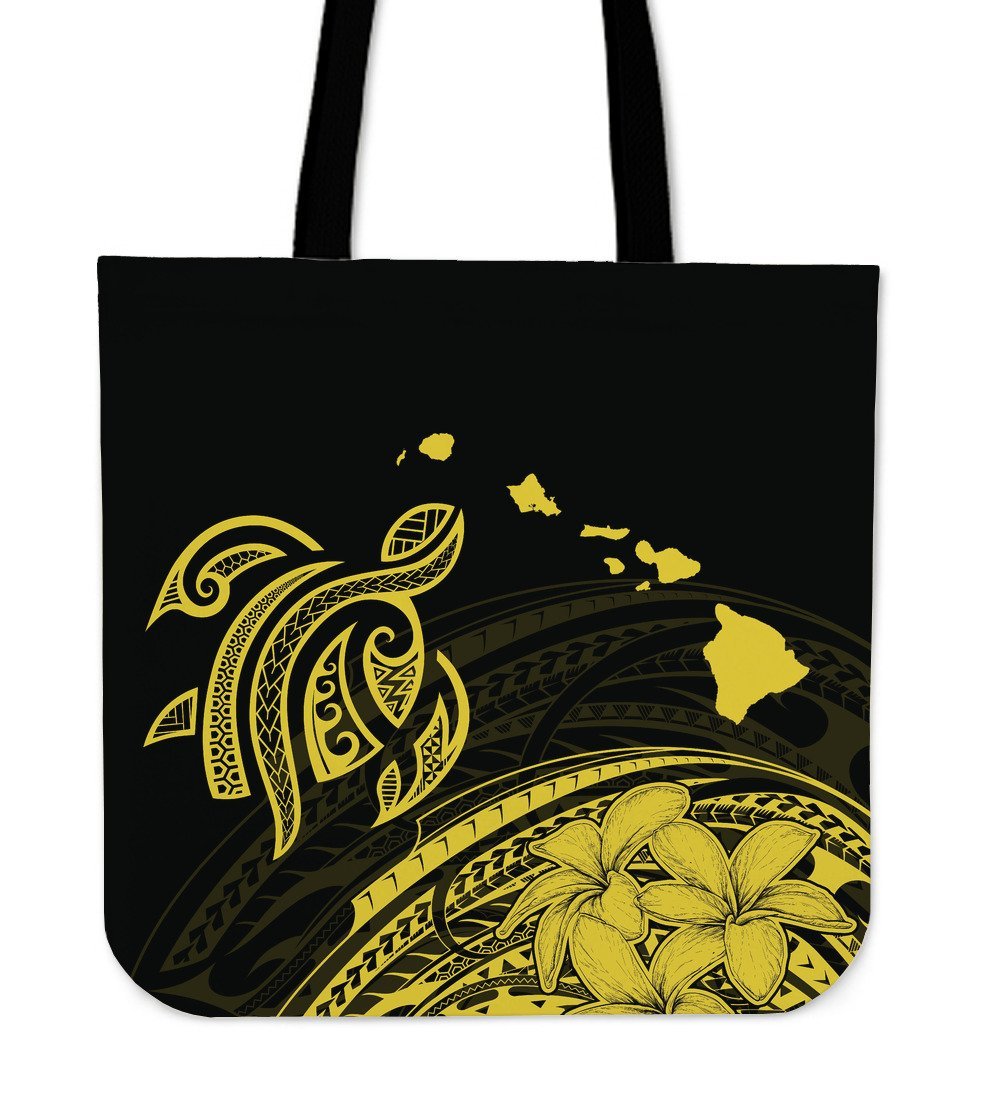 Hawaii Map Plumeria Polynesian Yellow Turtle Tote Bag Tote Bag One Size Yellow - Polynesian Pride