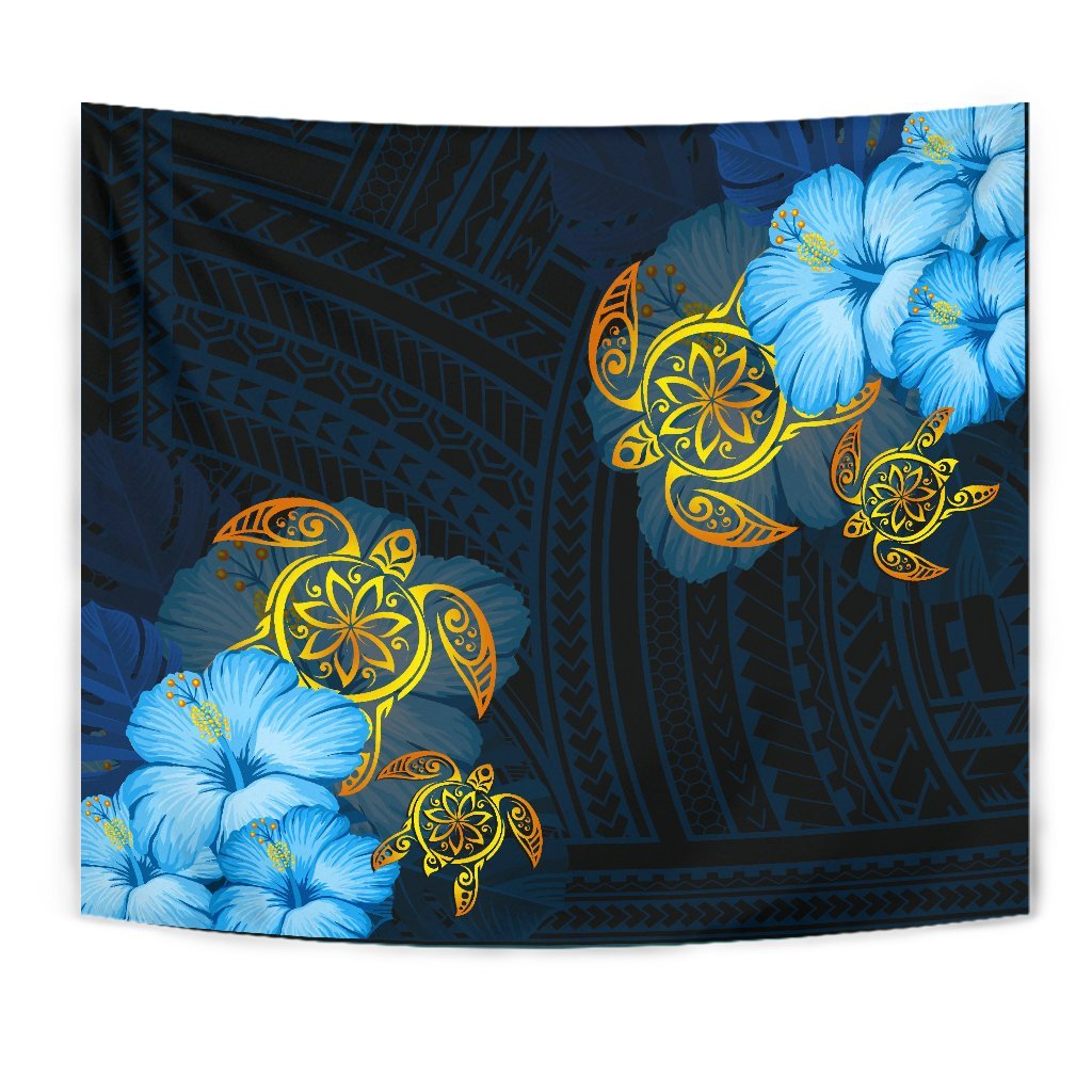 Hawaii Tapestry - Turtle Hibiscus Pattern Hawaiian Tapesty - Blue - Polynesian Pride