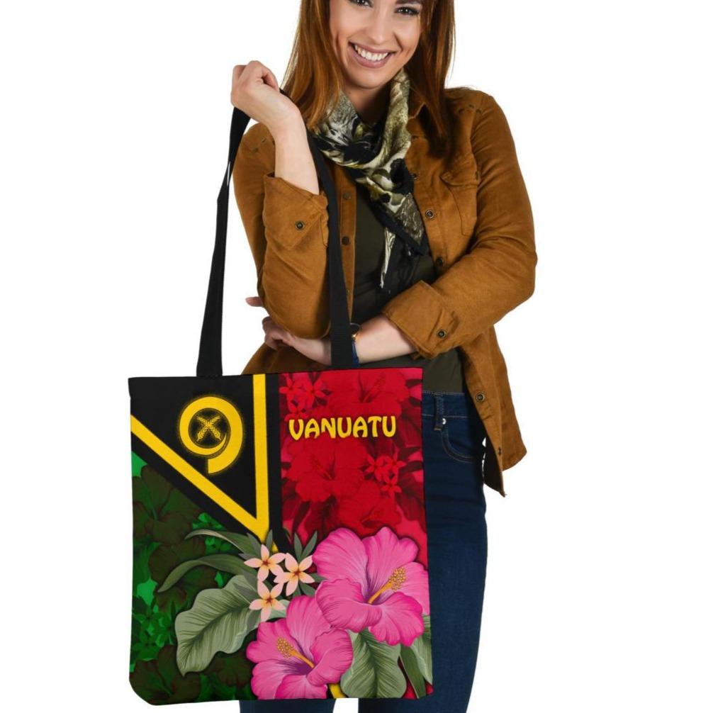 Vanuatu Tote Bags - Vanuatu Flag with Hibiscus Tote Bag One Size Red - Polynesian Pride