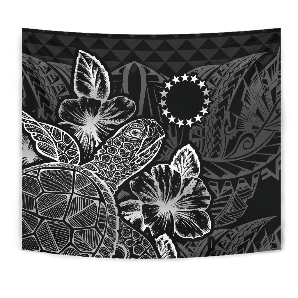 Cook Islands Tapestry - Turtle Hibiscus Pattern Black - Polynesian Pride