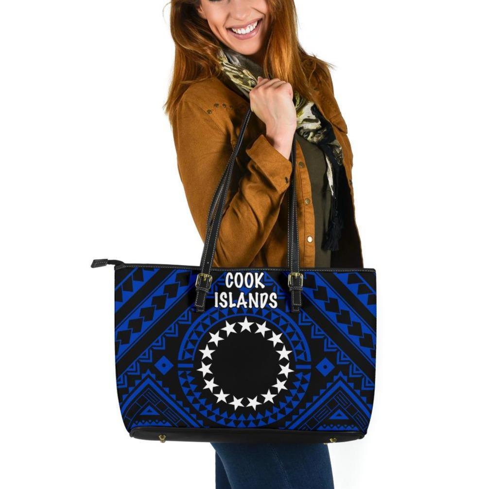 Cook Island Large Leather Tote Bag - Seal With Polynesian Tattoo Style ( Blue) Blue - Polynesian Pride