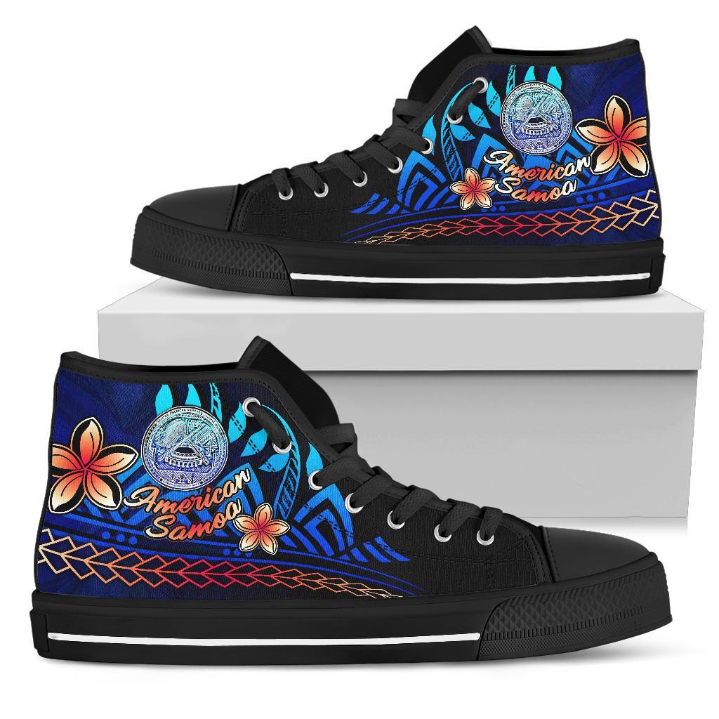 American Samoa High Top Shoes Blue - Vintage Tribal Mountain Unisex Black - Polynesian Pride