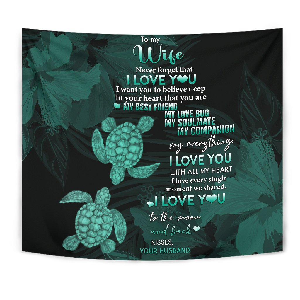 Hawaii Turtle Tapestry Hibiscus To My Wife Turquoise AH - Polynesian Pride