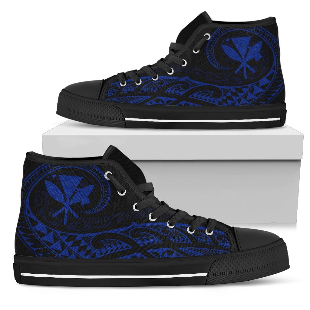 Hawaiian Kanaka State Tattoo Swirly Blue Polynesian High Top Shoes Womens High Top Black - Polynesian Pride