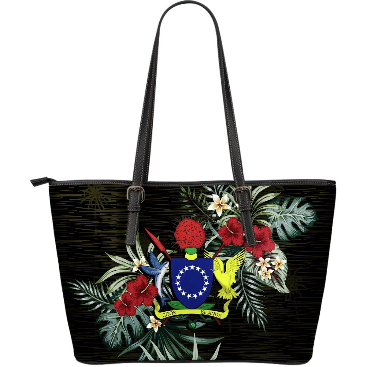 Cook Islands Hibiscus Large Leather Tote Bag Black - Polynesian Pride