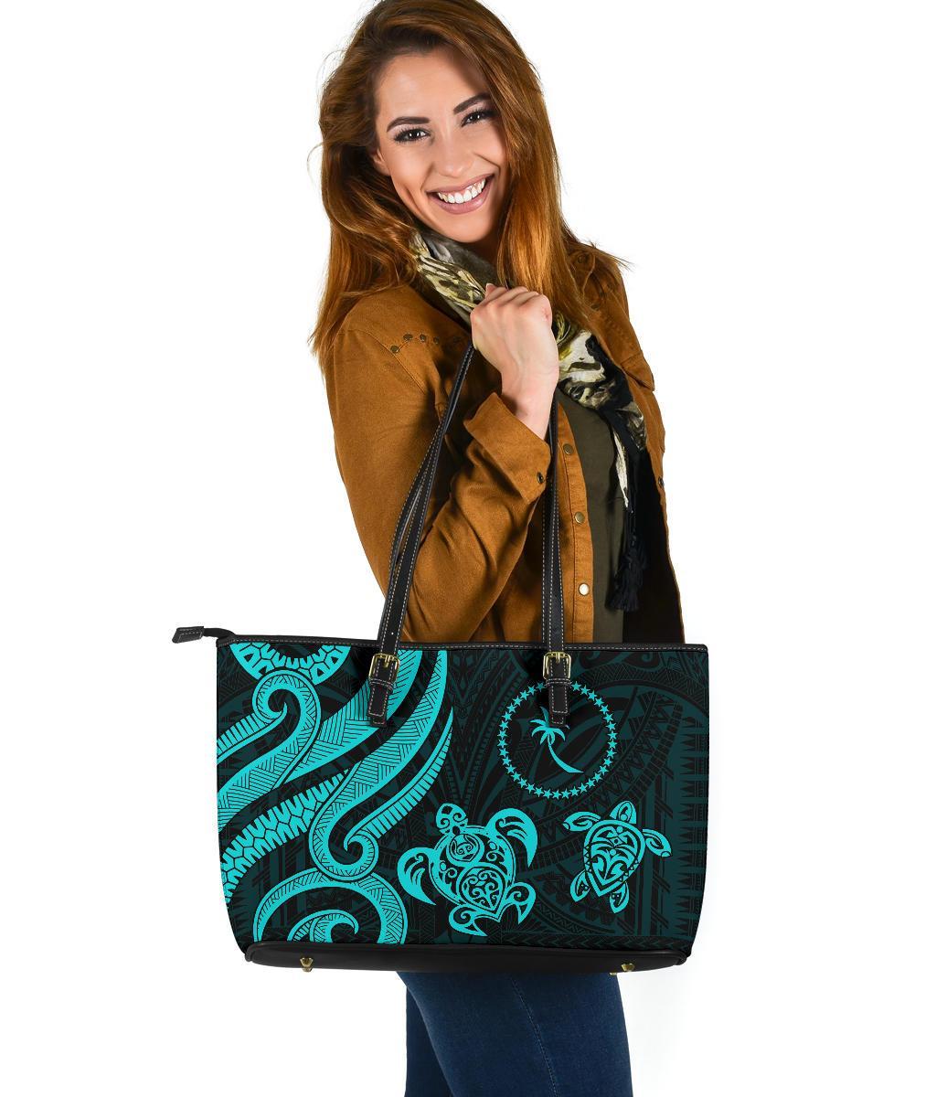 Chuuk Micronesian Large Leather Tote Bag - Turquoise Tentacle Turtle Turquoise - Polynesian Pride