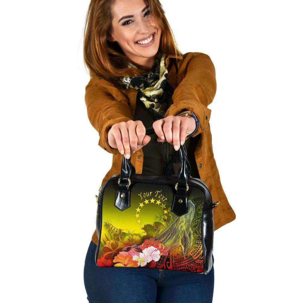 Cook Islands Custom Personalised Shoulder Handbags - Humpback Whale with Tropical Flowers (Yellow) One Size Yellow - Polynesian Pride