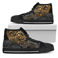 Tahiti Polynesian High Top Shoes - Gold Turtle Hibiscus Flowing Unisex Black - Polynesian Pride