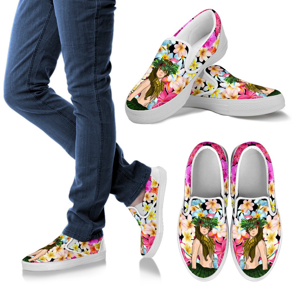 Hawaii Plumeria Hula Girl Slip Ons Women's Slip Ons White - Polynesian Pride