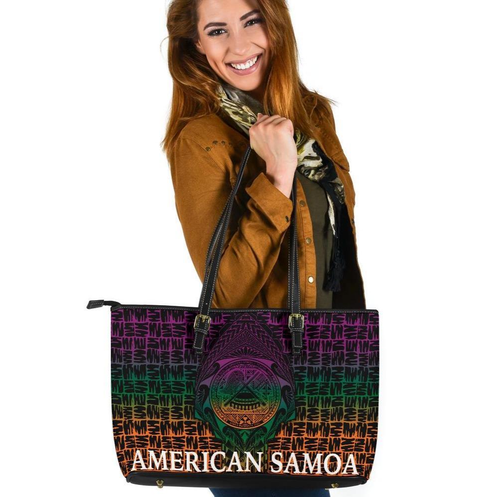 American Samoa Large Leather Tote Bag - AS Seal Rocket Style Black - Polynesian Pride