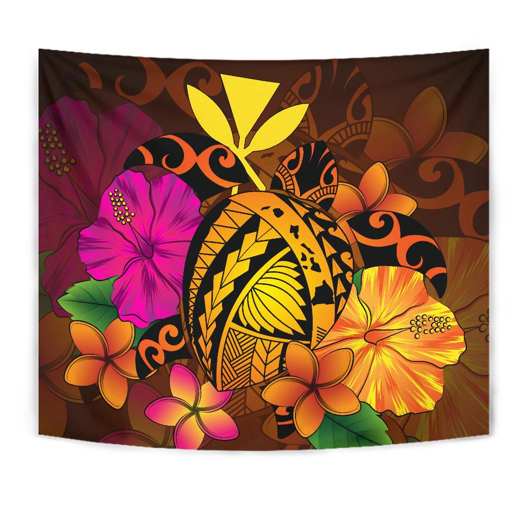 Hawaii Turtle Tribal Map Hibiscus Plumeria Tapestry - Polynesian Pride