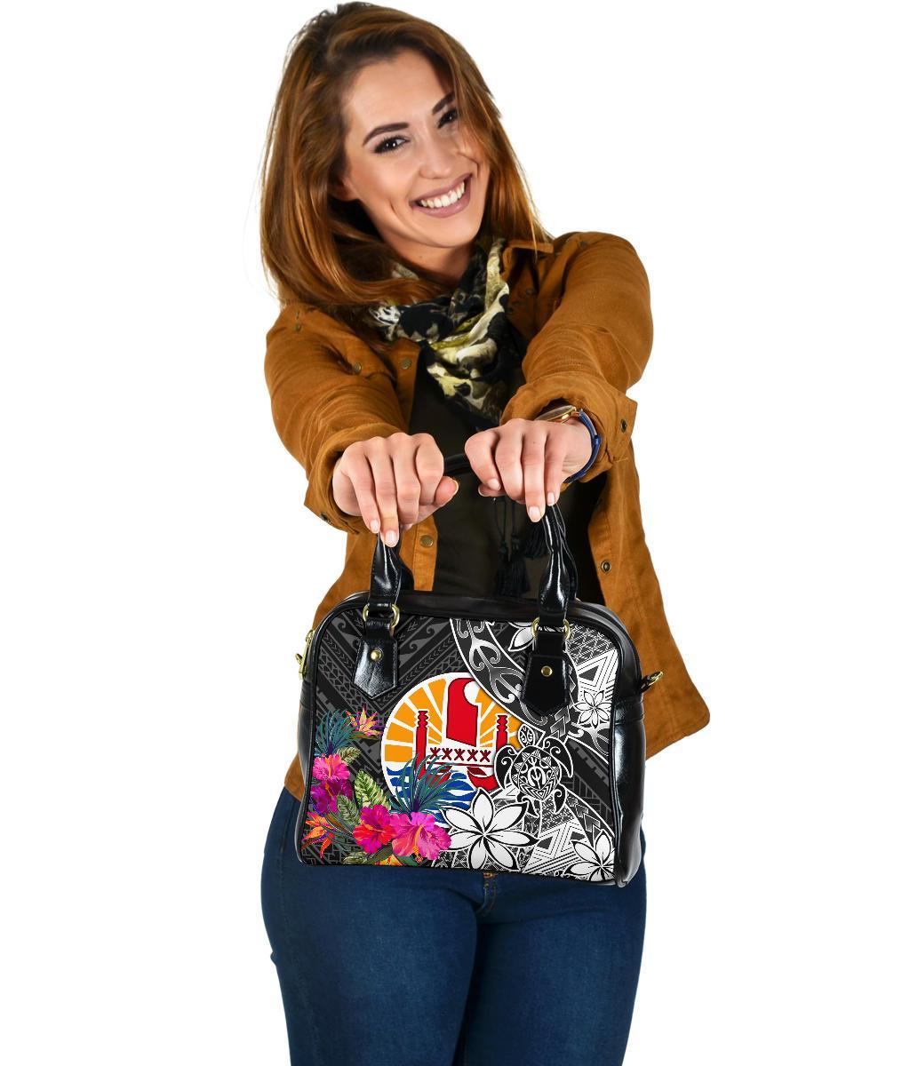 Tahiti Shoulder Handbag - Turtle Plumeria Banana Leaf One Size Black - Polynesian Pride